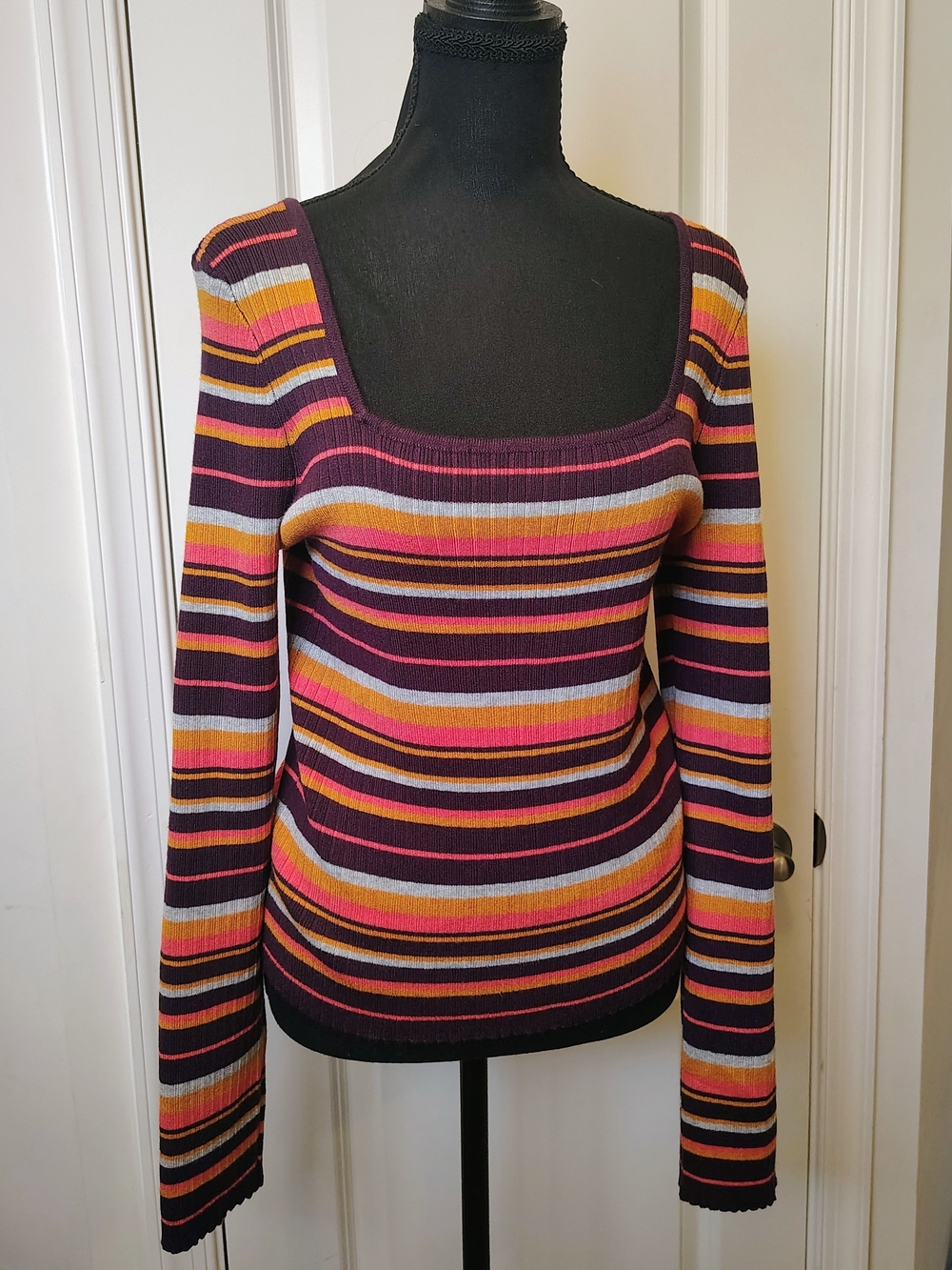 Cloud Chaser Striped Square Neck Long Sleeve Top — Purple, Pink, Mustard, Black